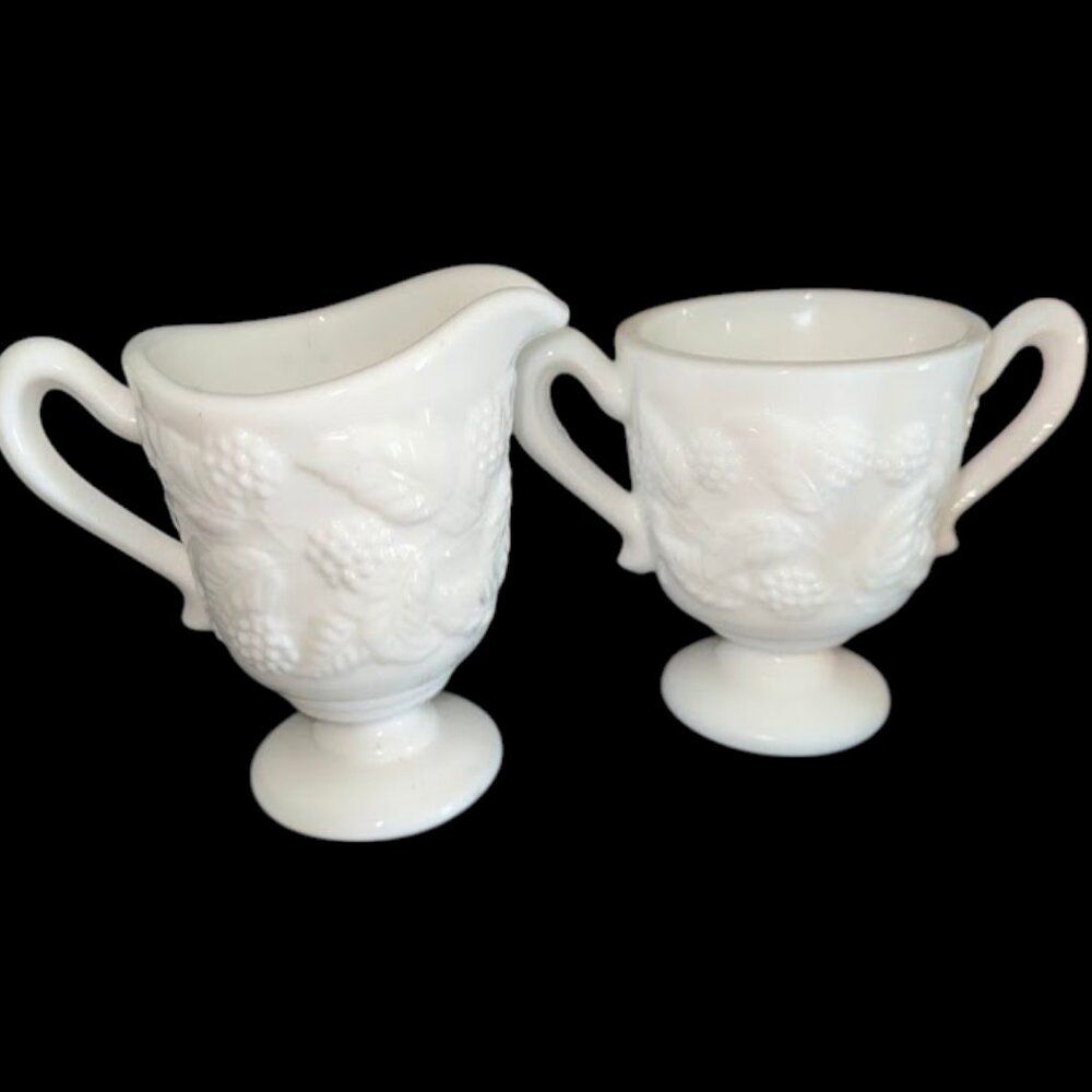 Vintage White Milk Glass Strawberry Creamer & Sugar Set